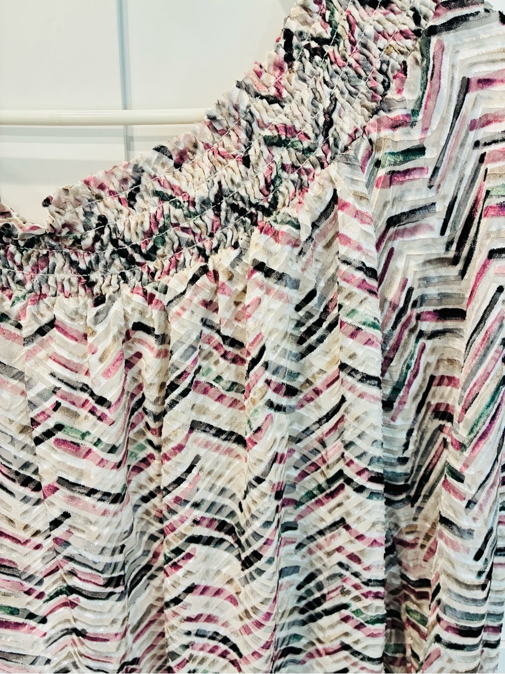 White House Black Market Smocked Off-Shoulder Velvet Top in Pink, Black & White - Picture 8 of 8